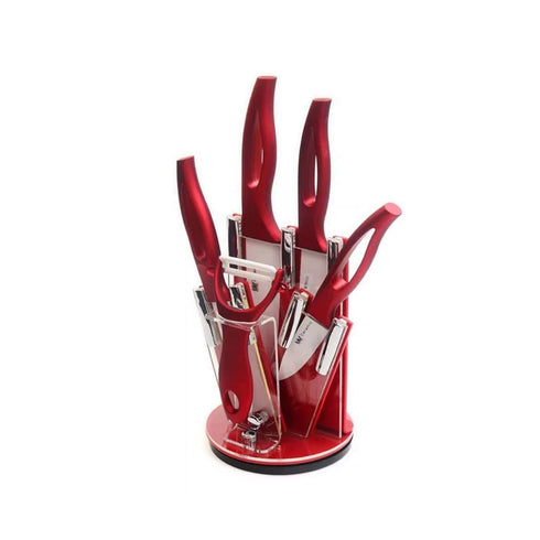 AussieSuperStore Homeware Supplies 5 Piece Sharp-Chef Best Kitchen Knives Set and Vegetable Peeler with Storage Stand Holder 5 Piece Sharp-Chef Best Kitchen Knives Set, Peeler & Stand | Kitchen Tool CB4CERAMICSETRED